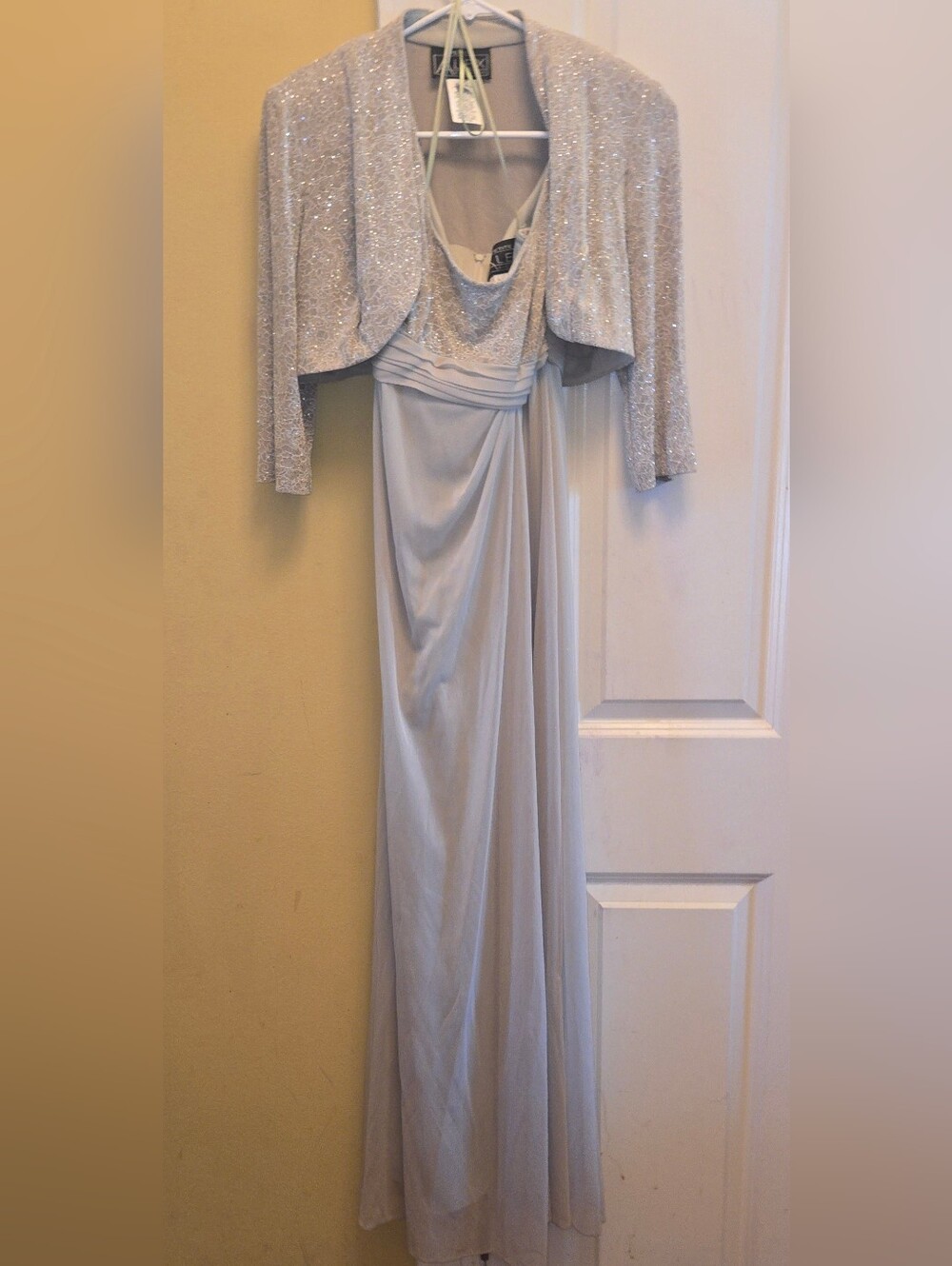 Alex Evenings Petite Sage Green Glitter Bolero with Sage Green Maxi Gown 4p